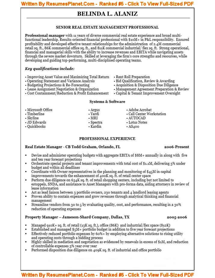 Sample Resume for Senior Real Estate Management Professional