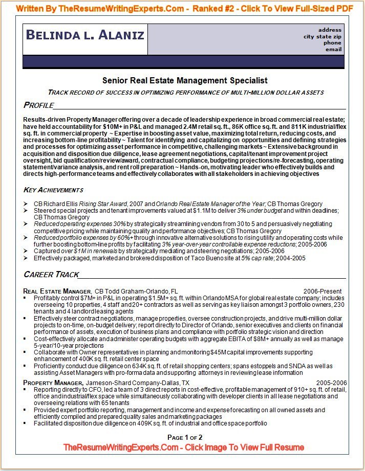 Sample Resume for Senior Real Estate Management Specialist